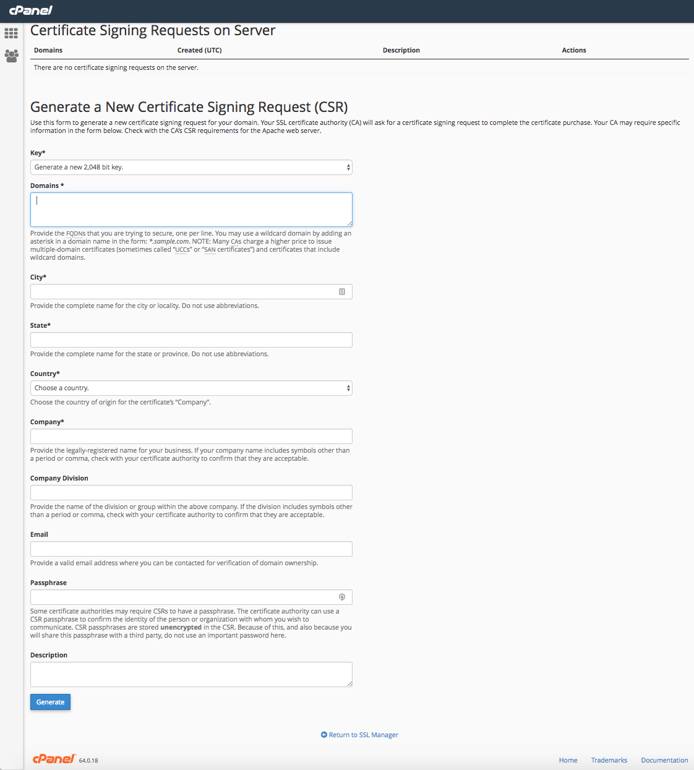 cPanel CSR form.