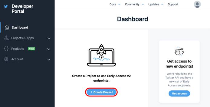 Twitter developer portal with Create Project button highlighted