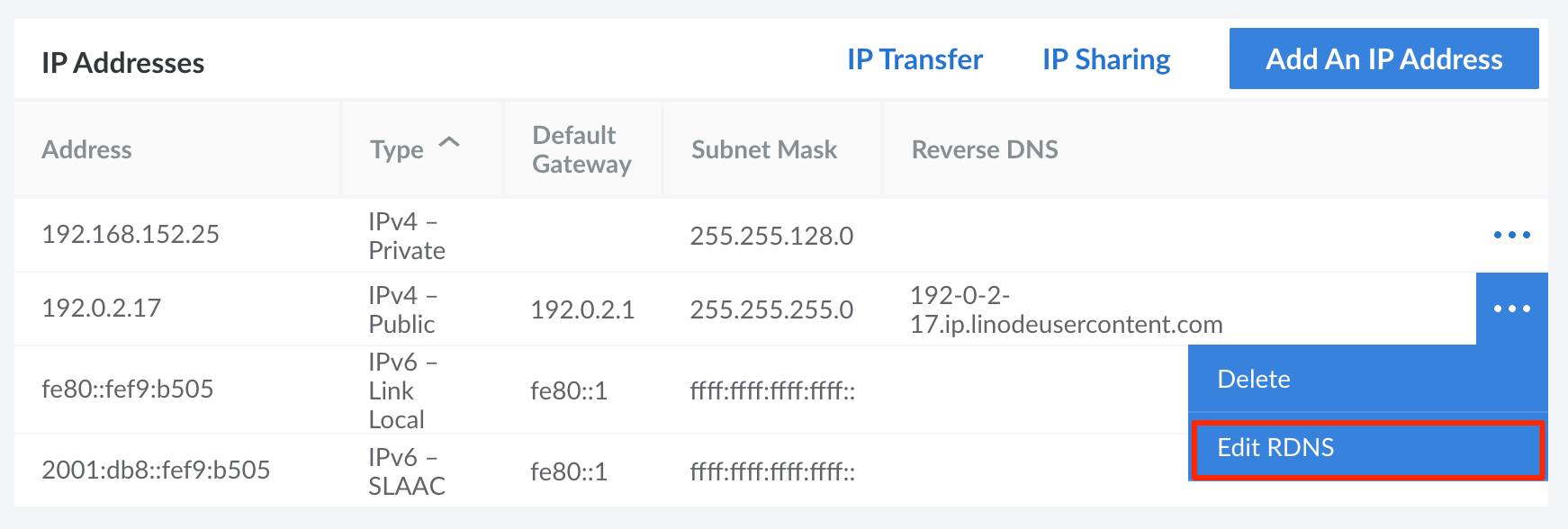 Select &lsquo;Edit RDNS&rsquo; option from the IP address menu.