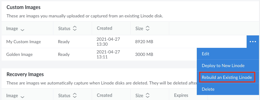 Rebuild an existing Linode with an Image